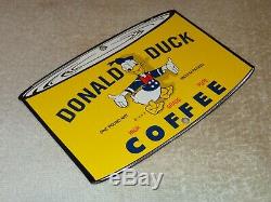 Vintage Donald Duck Coffee Die-cut Can 7 3/4 Porcelain Metal Gasoline Oil Sign