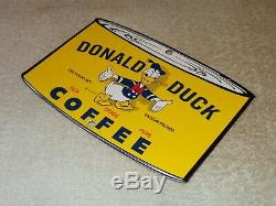 Vintage Donald Duck Coffee Die-cut Can 7 3/4 Porcelain Metal Gasoline Oil Sign