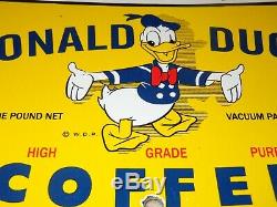 Vintage Donald Duck Coffee Die-cut Can 7 3/4 Porcelain Metal Gasoline Oil Sign