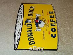 Vintage Donald Duck Coffee Die-cut Can 7 3/4 Porcelain Metal Gasoline Oil Sign