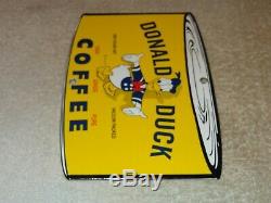 Vintage Donald Duck Coffee Die-cut Can 7 3/4 Porcelain Metal Gasoline Oil Sign