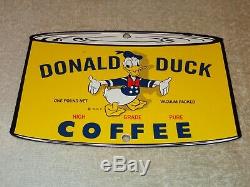 Vintage Donald Duck Coffee Die-cut Can 7 3/4 Porcelain Metal Gasoline Oil Sign