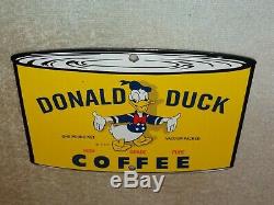 Vintage Donald Duck Coffee Die-cut Can 7 3/4 Porcelain Metal Gasoline Oil Sign