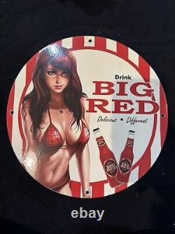 Vintage Drink Big Red Pinup Bikini Girl Porcelain Gas Oil Soda Beverage Ad Sign
