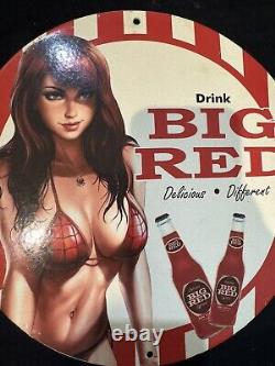 Vintage Drink Big Red Pinup Bikini Girl Porcelain Gas Oil Soda Beverage Ad Sign