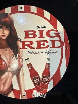 Vintage Drink Big Red Pinup Bikini Girl Porcelain Gas Oil Soda Beverage Ad Sign
