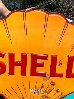 Vintage Early 48 in. Porcelain Dicut Embossed Shell Motor Oil Gas Clamshell Sign