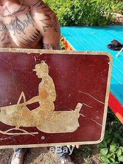 Vintage Early Outboard Snowmobile Heavy Metal Trail Marker Sign Gasoline Oil