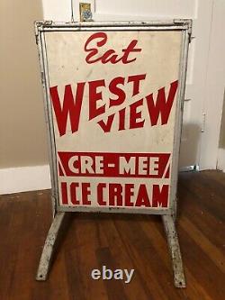 Vintage Eat West View Ice Cream Metal Double Sided Sign In Frame Gas Oil