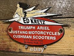 Vintage Ed Kretz Porcelain Sign Motorcycle Triumph Cushman Mustang Gas & Oil