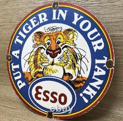 Vintage Esso Gasoline Porcelain Sign Put A Tiger In Your Tank Gas Oil Pump Plate