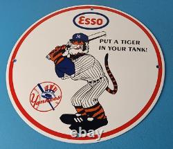 Vintage Esso Gasoline Sign Advertising Gas Pump Yankee Baseball Porcelain Sign