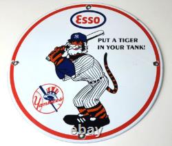 Vintage Esso Gasoline Sign Advertising Gas Pump Yankee Baseball Porcelain Sign