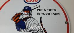 Vintage Esso Gasoline Sign Advertising Gas Pump Yankee Baseball Porcelain Sign
