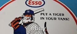 Vintage Esso Gasoline Sign Advertising Gas Pump Yankee Baseball Porcelain Sign