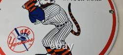 Vintage Esso Gasoline Sign Advertising Gas Pump Yankee Baseball Porcelain Sign