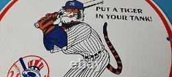Vintage Esso Gasoline Sign Advertising Gas Pump Yankee Baseball Porcelain Sign