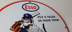 Vintage Esso Gasoline Sign Advertising Gas Pump Yankee Baseball Porcelain Sign