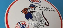 Vintage Esso Gasoline Sign Advertising Gas Pump Yankee Baseball Porcelain Sign