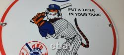 Vintage Esso Gasoline Sign Advertising Gas Pump Yankee Baseball Porcelain Sign