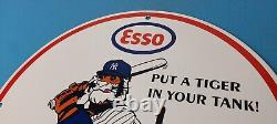 Vintage Esso Gasoline Sign Advertising Gas Pump Yankee Baseball Porcelain Sign
