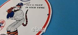 Vintage Esso Gasoline Sign Advertising Gas Pump Yankee Baseball Porcelain Sign