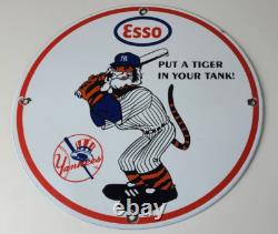 Vintage Esso Gasoline Sign Advertising Gas Pump Yankee Baseball Porcelain Sign