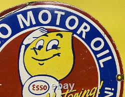 Vintage Esso Happy Motoring! Porcelain Sign Gas Station Pump Plate Motor Oil