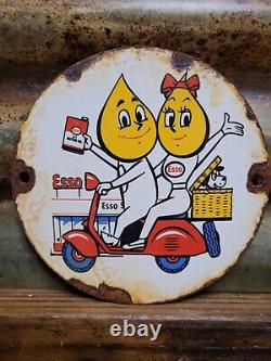 Vintage Esso Motor Oil Porcelain Sign Scooter Cartoon Motorcycle 6 Pump Plate