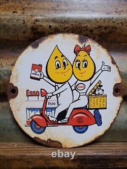 Vintage Esso Motor Oil Porcelain Sign Scooter Cartoon Motorcycle 6 Pump Plate