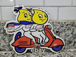 Vintage Esso Porcelain Sign Old Gas Oil Vespa Motor Scooter Boy Girl Advertising