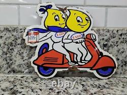 Vintage Esso Porcelain Sign Old Gas Oil Vespa Motor Scooter Boy Girl Advertising
