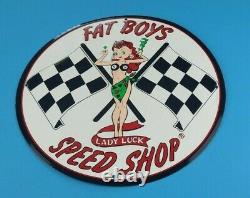 Vintage Fat Boys Speed Shop Metal Gas Oil Checkered Flag Service Racing Sign