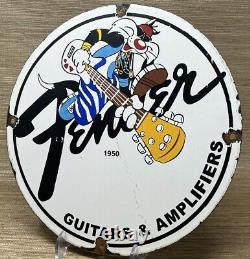 Vintage Fender Guitars Porcelain Stratocaster Sign Sales Service Gas Oil Amp