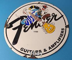 Vintage Fender Sign Guitars Amplifiers Music Porcelain Gas Station Sign