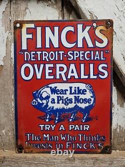 Vintage Fincks Porcelain Sign Detroit Overalls Pants Gas Oil Worker Clothing