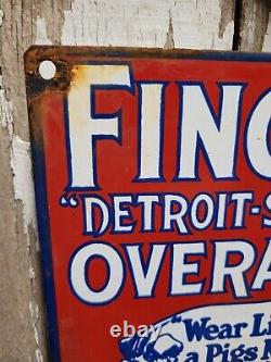 Vintage Fincks Porcelain Sign Detroit Overalls Pants Gas Oil Worker Clothing