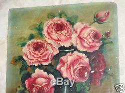 Vintage Floral Pink Vibrant Roses Oil Painting Artist Signed Old Estate