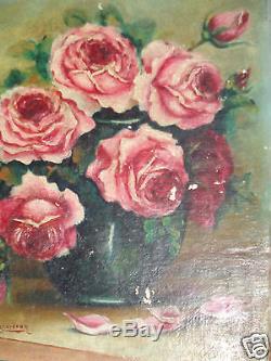 Vintage Floral Pink Vibrant Roses Oil Painting Artist Signed Old Estate