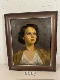 Vintage Florence Walsh Signed Oil on Board Portrait Painting of Woman