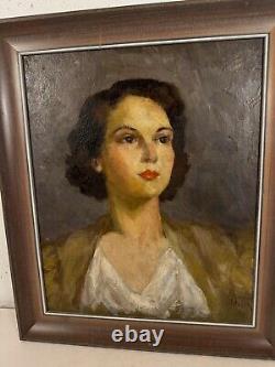 Vintage Florence Walsh Signed Oil on Board Portrait Painting of Woman