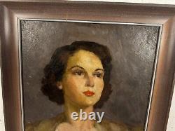 Vintage Florence Walsh Signed Oil on Board Portrait Painting of Woman