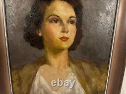 Vintage Florence Walsh Signed Oil on Board Portrait Painting of Woman