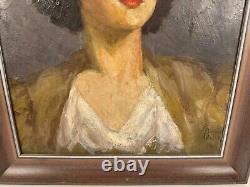 Vintage Florence Walsh Signed Oil on Board Portrait Painting of Woman