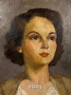Vintage Florence Walsh Signed Oil on Board Portrait Painting of Woman