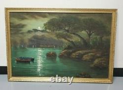 Vintage Framed Oil Painting of a Moonlit River Signed by Artist