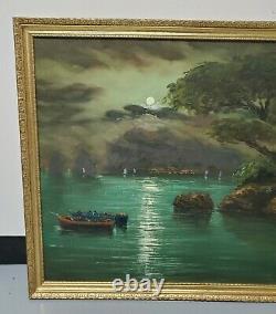 Vintage Framed Oil Painting of a Moonlit River Signed by Artist