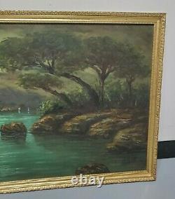 Vintage Framed Oil Painting of a Moonlit River Signed by Artist