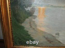 Vintage Framed Oil on Canvas Coastal Landscape at Sunset Listed Danish Artist