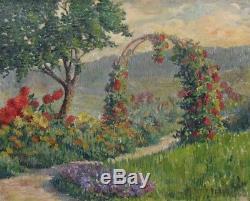 Vintage French Oil Painting, Brécy Garden Summer landscape Flowers, Signed, 1934